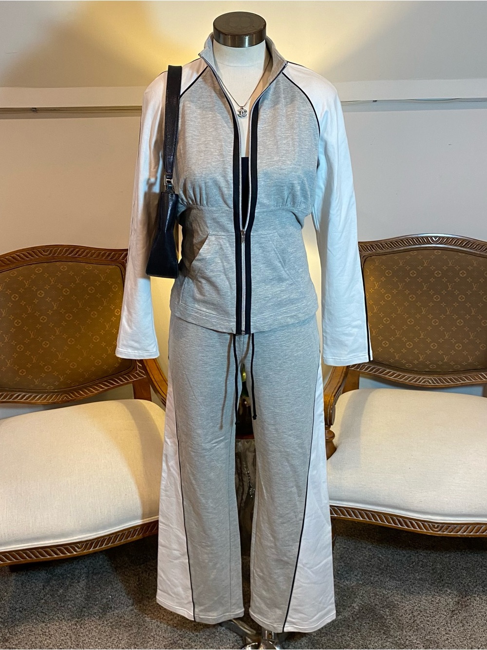 Boston Proper 2000s Y2K Gray and White Two-Tone Track Jumpsuit Tuscan Mom Core S